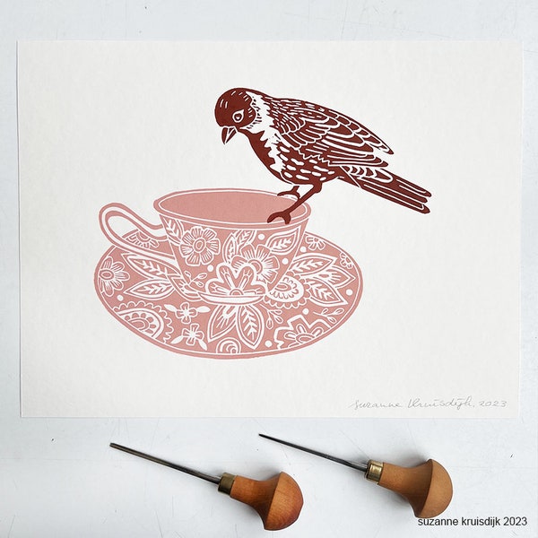 original bird and teacup linoleum print on paper, 2 colours