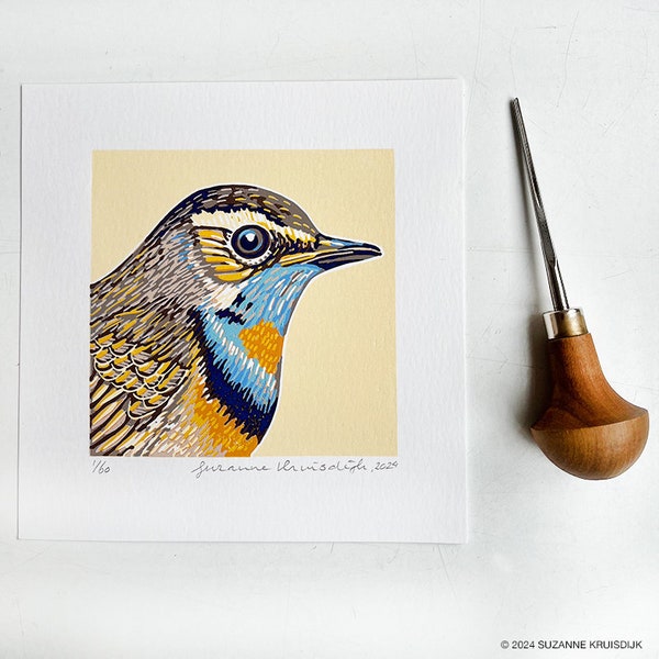 original bird lino reduction print on paper, multi colour