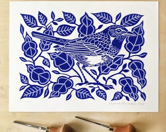 original bird and leaves linoleum print on paper, duotone colour blue
