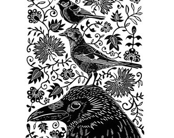 original birds and flowers linoleum print on paper, black