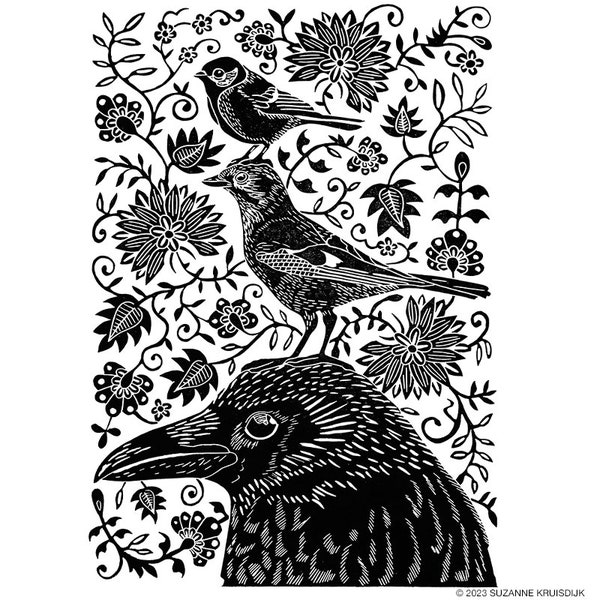 original birds and flowers linoleum print on paper, black