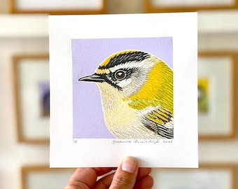 original bird lino reduction print on paper, multi colour