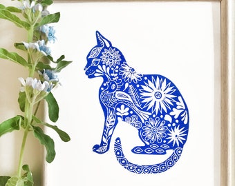 original cat lino print on paper, blue, limited edition