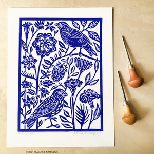 original birds and flowers linoleum print on paper, blue