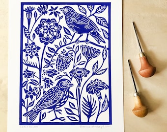 original birds and flowers linoleum print on paper, blue