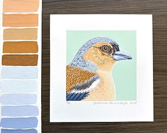 original bird lino reduction print on paper, multi colour