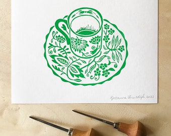 original teacup linocut print on paper, flower pattern, green