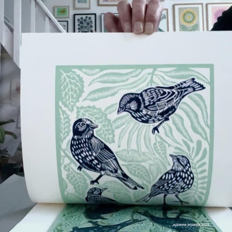 Leaf Pattern Linoleum Original Birds and Leaves Linoleum Print on Paper, Dark Blue & Soft ...
