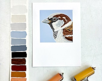 Impresión original en linóleo sobre papel, reducción de pájaro, 14 colores
