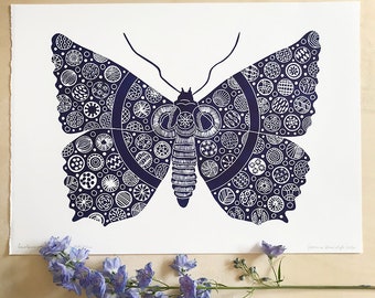original butterfly linoleum print on paper, phthalo blue