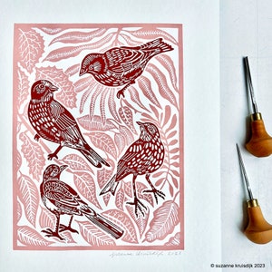 original birds and leaves linoleum print on paper, pink and brown multi colour print