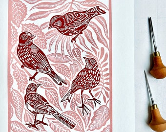 original birds and leaves linoleum print on paper, pink and brown multi colour print