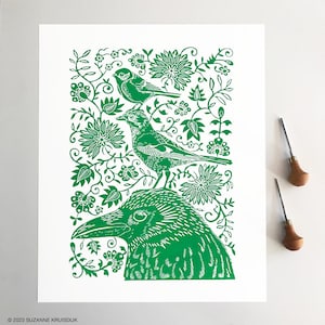 original birds and flowers linoleum print on paper, green
