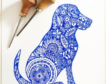 original dog lino print on paper, blue, limited edition