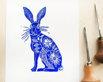 original hare lino print on paper, blue, limited edition