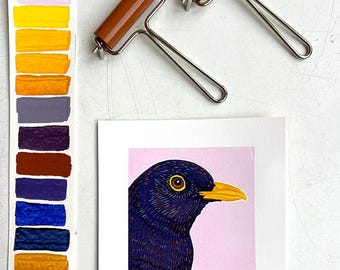 Estampe originale sur papier, réduction d'oiseau, linogravure, 13 couleurs