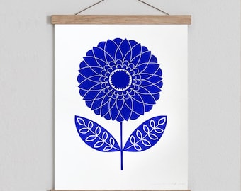 original flower linoleum print on paper, blue