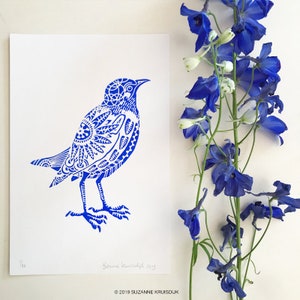 Originaler Vogel-Linoldruck auf Papier, blau, limitierte Auflage