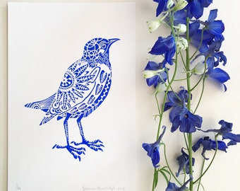 original bird lino print on paper, blue, limited edition