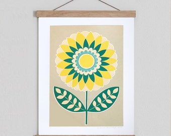 original limited edition flower reduction linoleum print on paper, multi colour