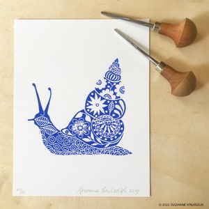 original snail lino print on paper, blue, limited edition
