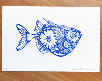 original fish lino print on paper, blue, limited edition
