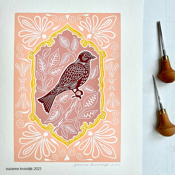 original bird and leaves linoleum print on paper, multi colour