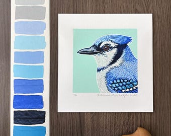 original bird lino reduction print on paper, multi colour