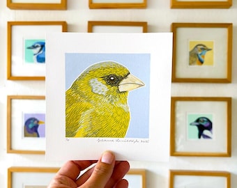 original bird lino reduction print on paper, multi colour