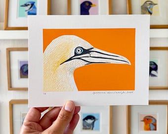 Estampe originale sur papier, réduction d'oiseau, linogravure, 13 couleurs