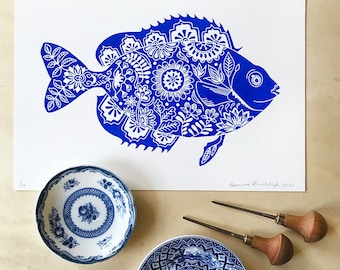 original fish lino print on paper, blue, limited edition