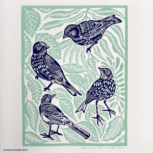 original birds and leaves linoleum print on paper, dark blue & soft green multi colour print