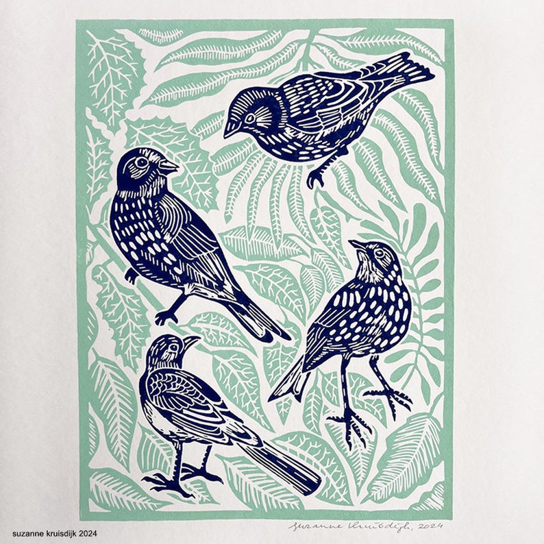 Leaf Pattern Linoleum Original Birds and Leaves Linoleum Print on Paper, Dark Blue & Soft ...