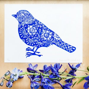 original bird lino print on paper, blue, limited edition