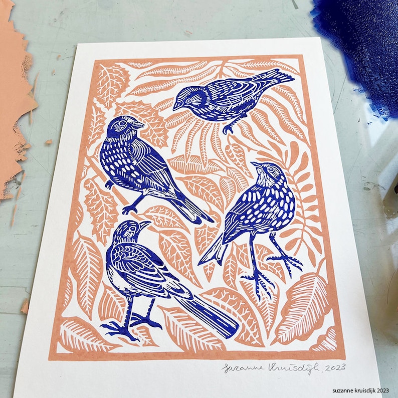 Leaf Pattern Linoleum Original Birds and Leaves Linoleum Print on Paper, Blue & Salmon Multi ...