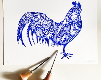 Originaler Linolschnitt eines Hahns auf Papier, blau, limitierte Auflage