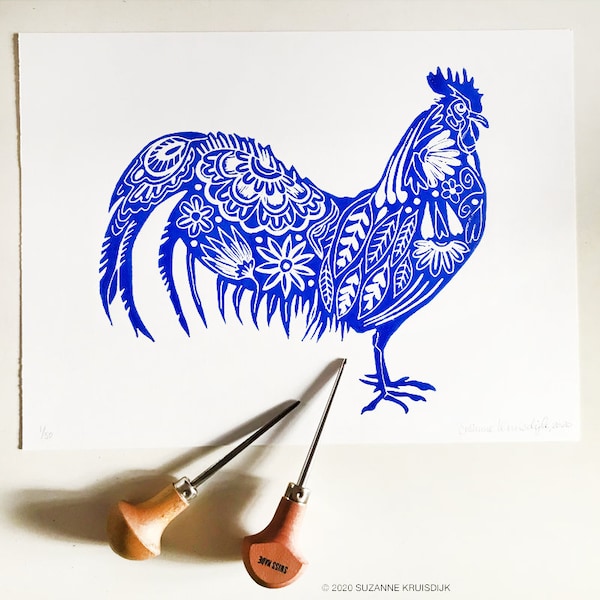 original rooster lino print on paper, blue, limited edition