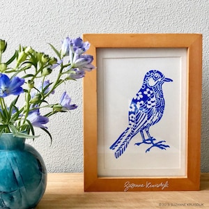 Original Vogel Linoldruck auf Papier, blau, limitierte Auflage