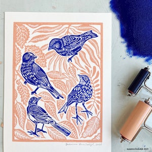 original birds and leaves linoleum print on paper, blue & salmon multi colour print