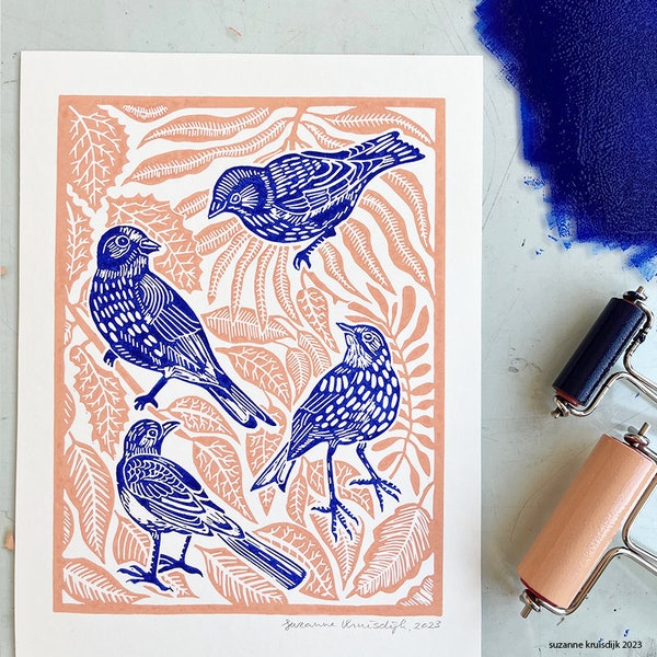 original birds and leaves linoleum print on paper, blue & salmon multi colour print