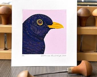 original bird lino reduction print on paper, multi colour