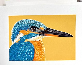 Stampa originale su linoleum a riduzione raffigurante un martin pescatore, 19 colori.