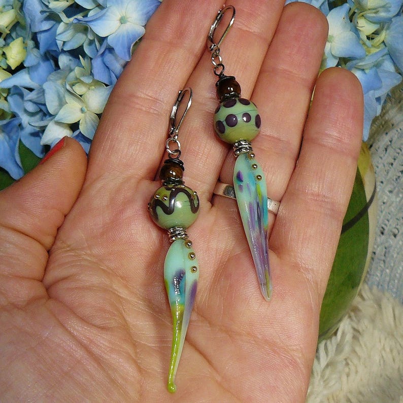 LÉté des Fées Boucles d'oreilles bohème-chic, ethnique, féerique, perles filées, jade Idée cadeau vert bleu image 3