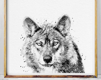 Black and White Wolf Print, Wolf Art Print, Wolf Watercolor Print, Wolf Art, Wolf Painting, Wolf Wall Art, Woodland Animals Art, Nursery Art