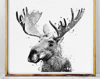 Black and White Wall Art, Moose Watercolor Print, Moose Art, Moose Painting, Moose Print, Moose Antler, Moose Decor, Moose Wall Art, Poster