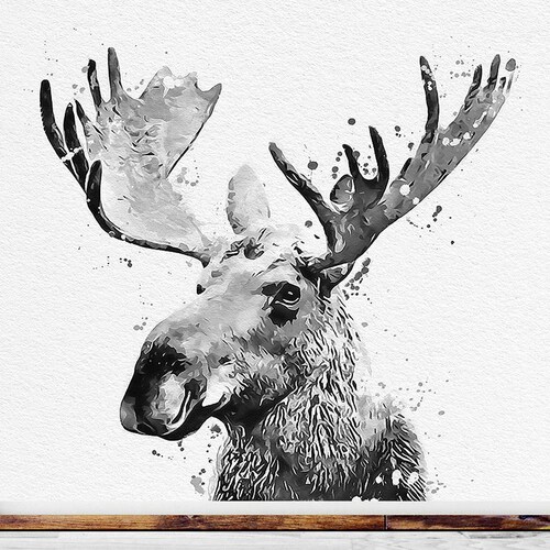 Black and White Wall Art Moose Watercolor Print Moose Art Etsy