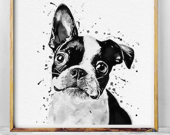 Boston Terrier Print, Black and White Prints, Boston Terrier Watercolor, Black and White Wall Art, Animal Art, Dog Print, Boston Terrier Art