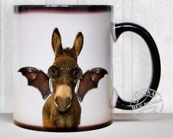 Donkey Flying Mug, Donkey Mug, Illustrative, Gift for Her, Gift for Him, Coffee Mug, Ceramic Mug, Collage, Heat Changing Mug, Steampunk Art