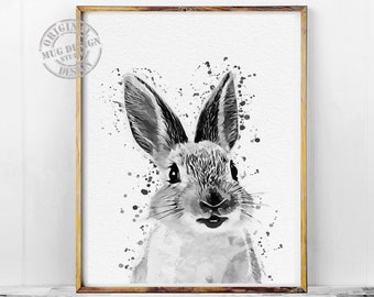 Black White Nursery Bunny Print, Rabbit Wall Art Print, Bunny Rabbit Watercolor Painting, Woodland Decor, Modern Baby Room Bunny Rabbit Art