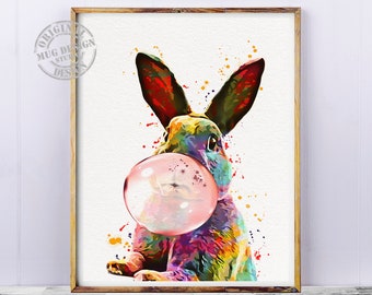 Bunny Rabbit Art Print, Rabbit Print, Bunny Print, Rabbit Illustration, Bunny Watercolor, Bunny Painting, Rabbit Nursery Art, Pink Bubblegum